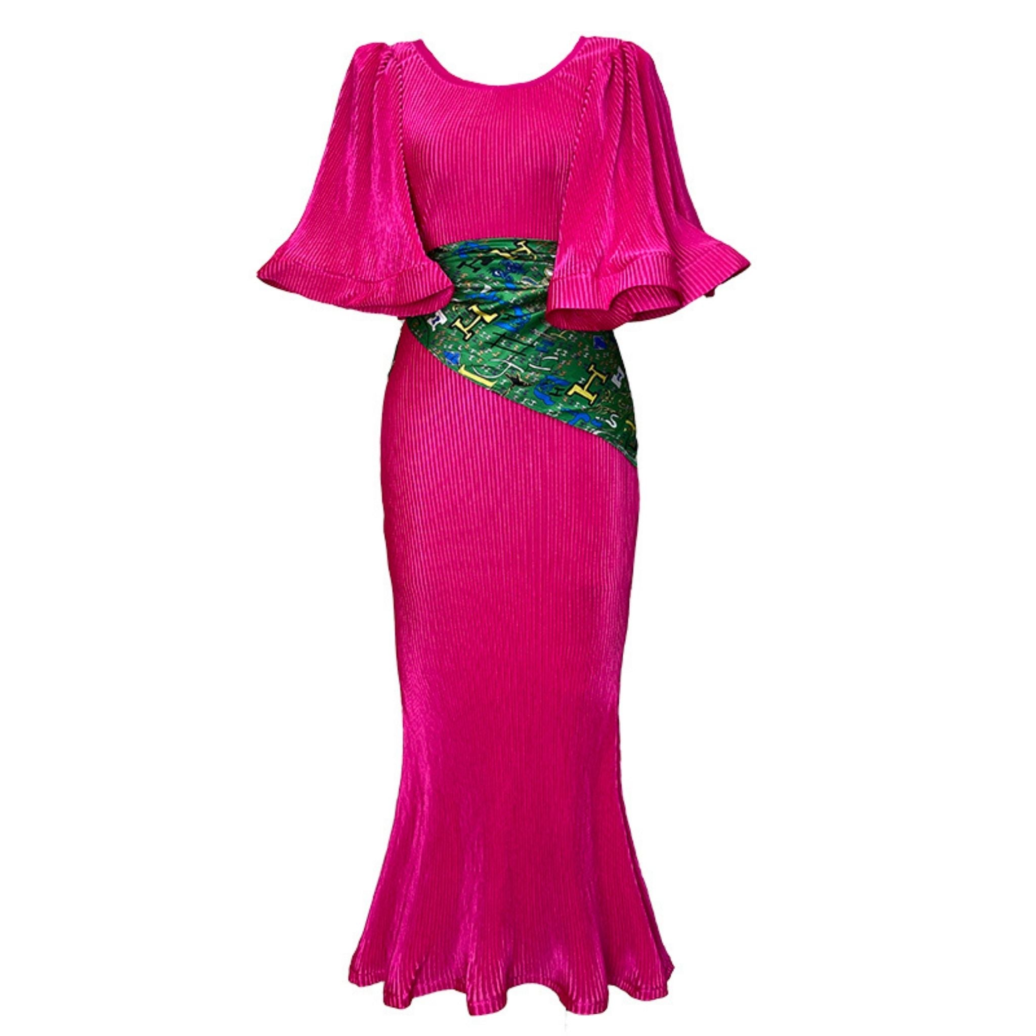 Pink maxi dress with butterfly sleeve.