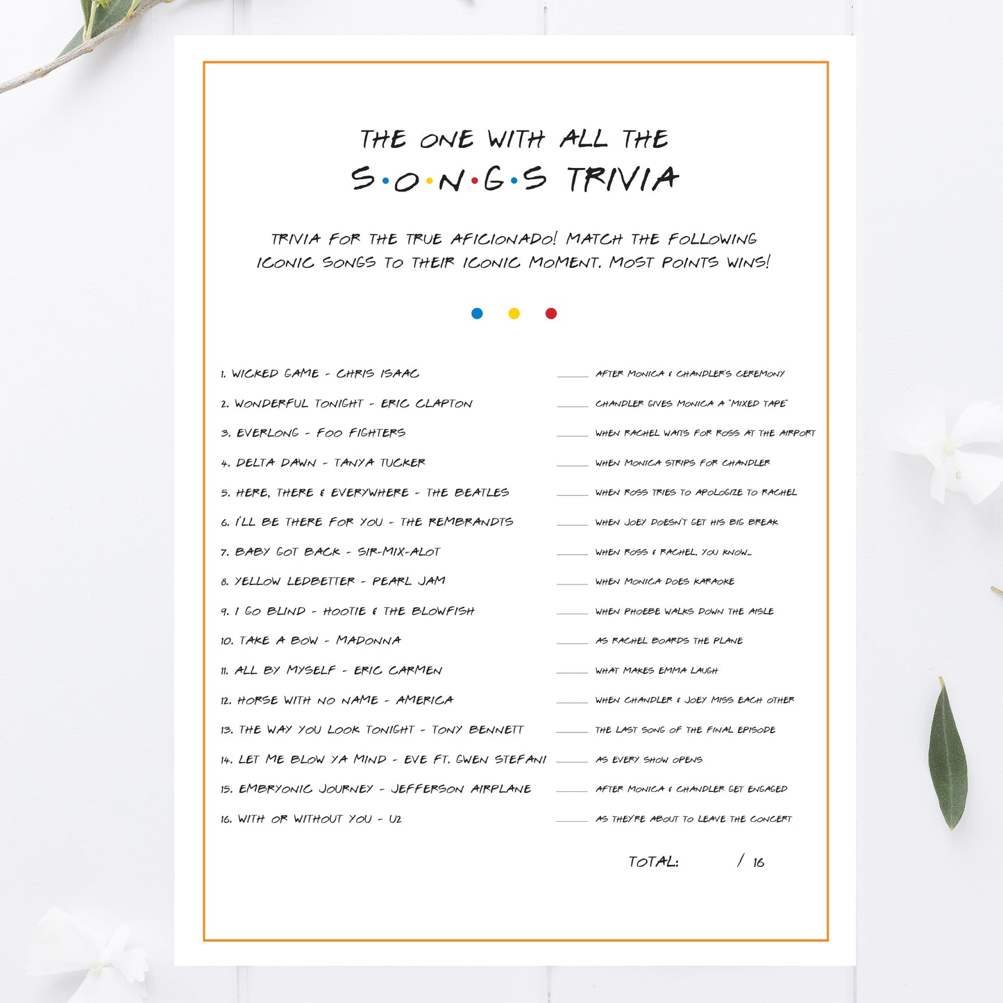Friends Song Trivia Game Printable