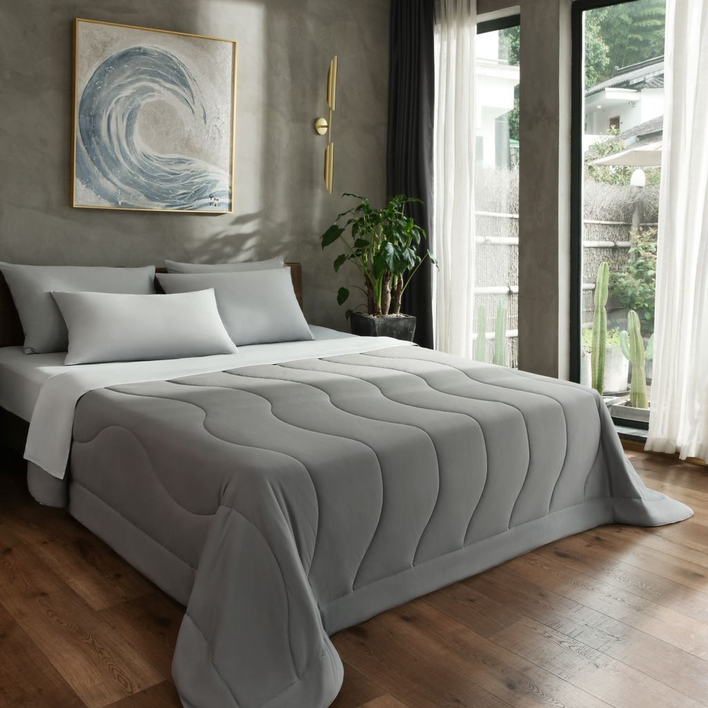 Bedroom with the Evercool Cooling Comforter, Sheet Set and match pillowcases in cool gray