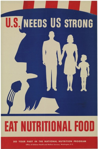 Propaghanda poster that says the US needs us strong. Eat nutritional foods.