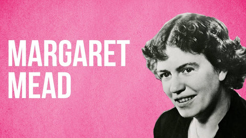 Photo of Margaret Mead on a pink background.