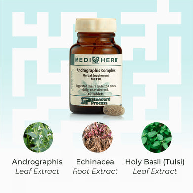 Andrographis Complex by Mediherb contains Andrographis leaf, Echinacea root and Holy Basil lea extract.