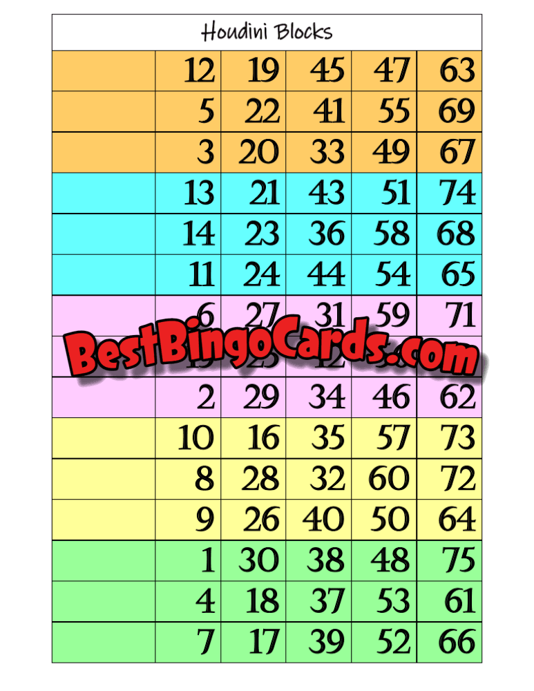 Bingo Boards 1-15 Line Block Houdini - Mixed, 75 Ball