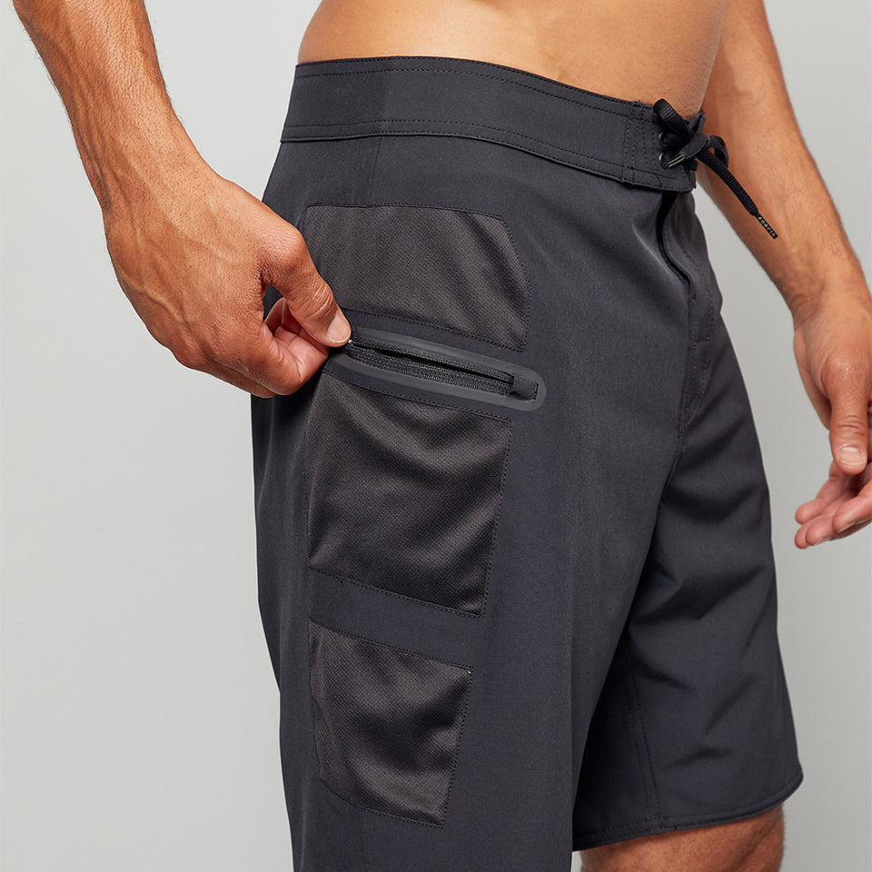 Forcis Mens Black Polyester Boardshorts Pocket Detail View On Model