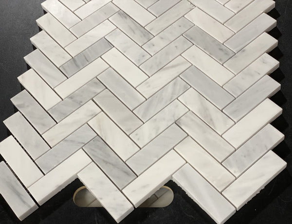 Carrara White Italian Carrera Marble 1x3 Herringbone Mosaic Tile Sample