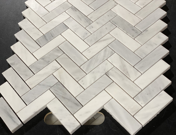 Carrara White Italian Carrera Marble 1x3 Herringbone Mosaic Tile Sampl –  Calcutta Tile