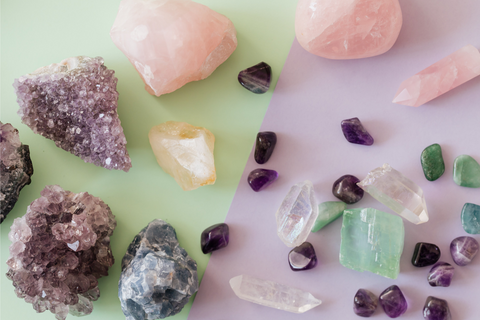 image showing crystals - different crystals, rose quartz, amethyst, aqua marine