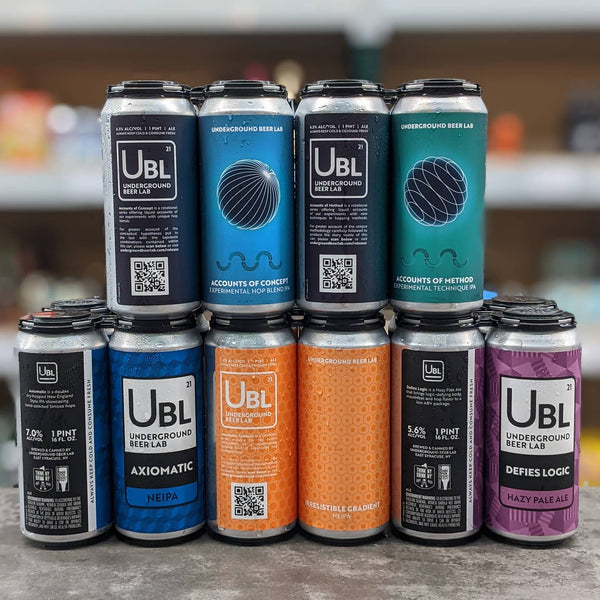 Stacked cans of Underground Beer Lab craft beer.