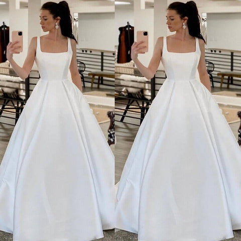 Vestidos de novia de satén sencillos con cuello cuadrado y talla grande