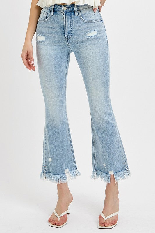 RISEN Raw Hem Distressed Cropped Flare Jeans