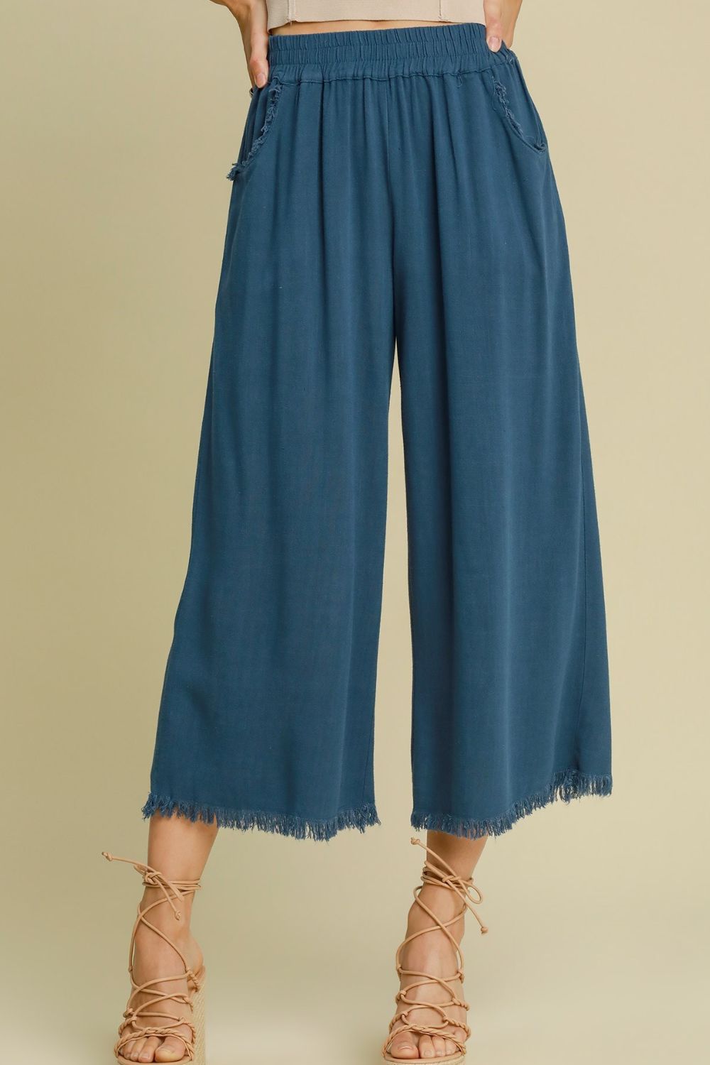 Umgee Linen Blend Elastic Waistband Wide Leg Pants