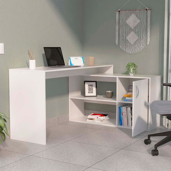 Dallas L-Shaped Home Office Desk, Two Shelves, One Drawer - Ecart