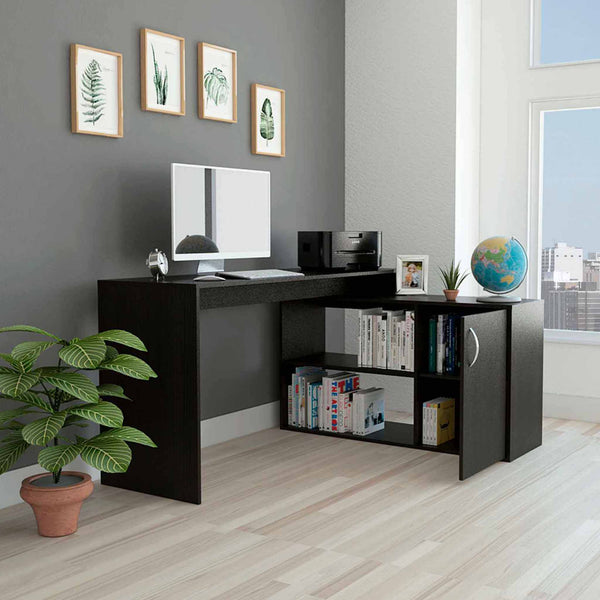 Dallas L-Shaped Home Office Desk, Two Shelves, One Drawer - Ecart