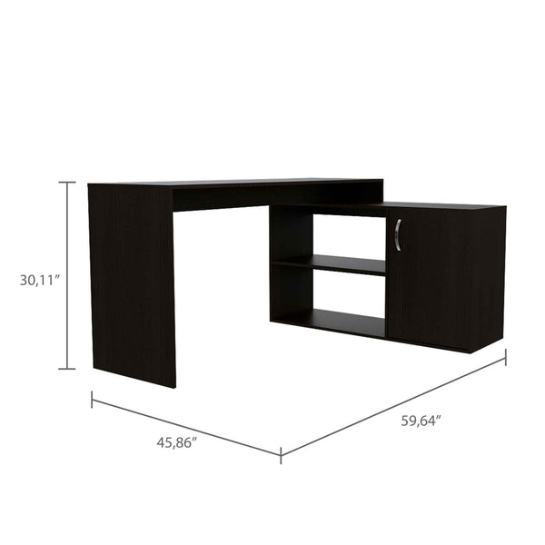 Dallas L-Shaped Home Office Desk, Two Shelves, One Drawer - Ecart