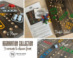 We have three versions of Aggravation Board Games, a 4-player version, a 6-player version and a double sided version.  Choose which version suits your family games nights best!