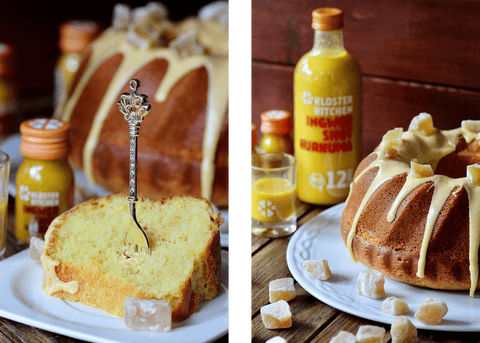 Collage d'un kouglof au gingembre et au curcuma. À gauche, une seule pièce dans laquelle est plantée une fourchette. A droite, le gâteau complet.