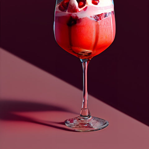 The finished frosty strawberry pomegranate pearl in a tall glass with a long style