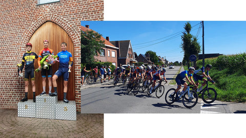 Collage: picture of a winner's podium with the first 3 places of a race and a snapshot from a race where all cyclists are just taking a turn.