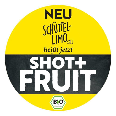 Adesivo della Schüttel-Limo con la scritta "La nuova Schüttel-Limo si chiama ora SHOT+ FRUIT".