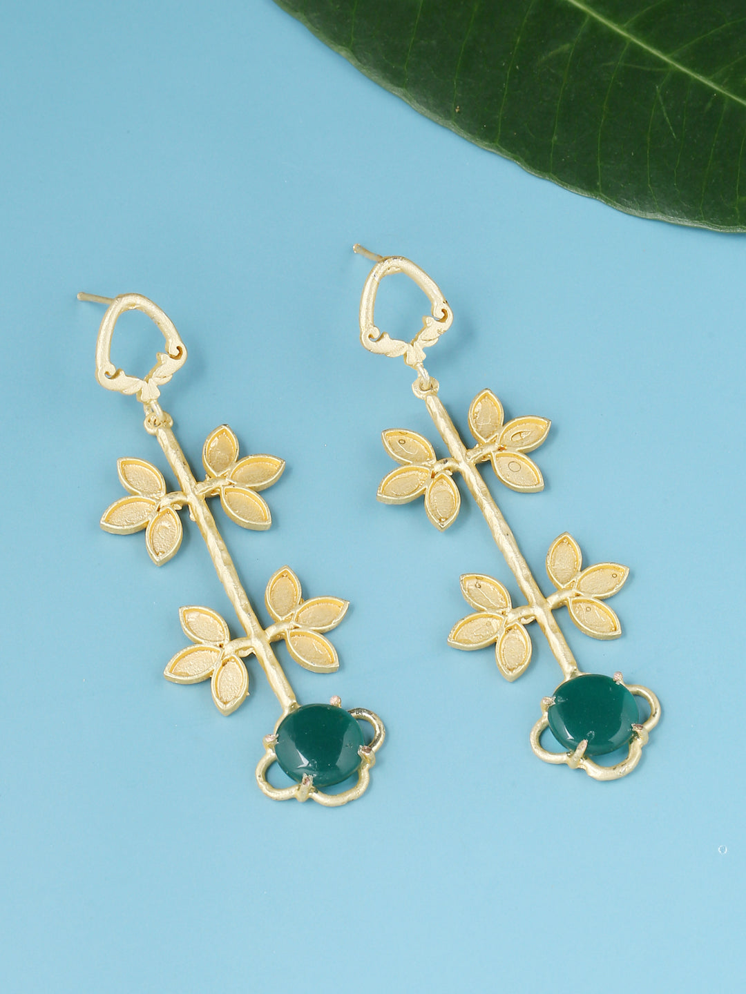 Green Traditional Golden Matte Finish Brass Metal Leaf Earrings With Crystal Stone