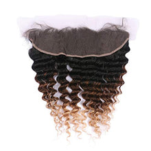 Load image into Gallery viewer, #1B/4/27 Black Brown to Honey Blonde Ombre Deep Wave 3 Bundles Brazilian Hair and Frontal 4Pcs Lot 3 Tone Ombre Deep Curly Wave Human Hair Weaves with Lace Frontal 13x4 Ear to Ear (22 24 26 with 20)
