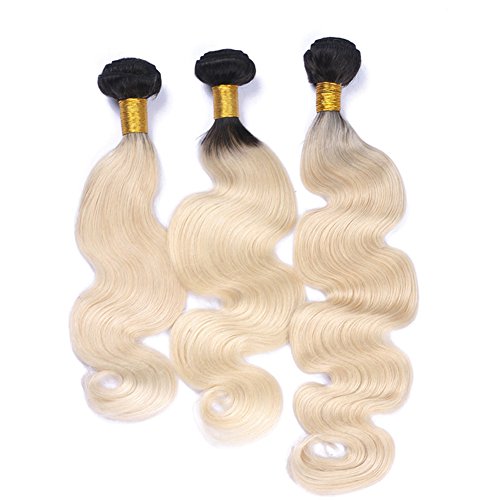 #1B/613 Blonde Ombre Body Wave Brazilian Human Hair 3 Bundles and Closure 4Pcs Lot Body Wavy Ombre Blonde Black Roots Virgin Hair Weave Wefts with 4x4 Lace Closure Piece (24 24 24 with 22)