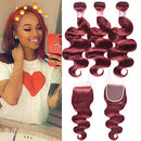 Image of #33 Brazilian Body Wave 3 Bundles with Closure Red Virgin Brazilian Human Hair Weave with Free Part Lace Frontal Closure for Black Women(161618with14)