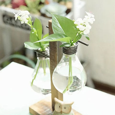 Soliflore ampoule avec support socle en bois présentation du modèle Duo zoomé sur récipient en forme d'ampoule avec fleurs