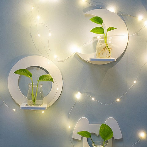 Soliflore en plastique encadrement géométrique mural blanc présentation tous les modèles avec plantes et guirlande lumineuse