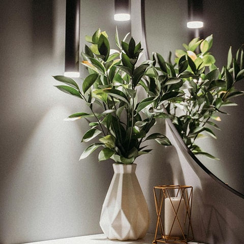 Vase blanc avec des éclairé par lumière directionnel salle de bain