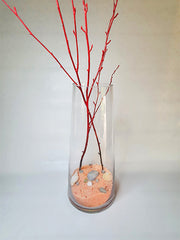 Vase transparent décorer avec du sable couleur saumon et des coquillages et des branche style corail rouge