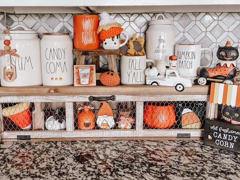 Rae Dunn Halloween decor display 