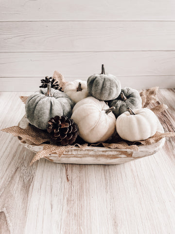 Fall decor ideas with a dough bowl styled with burlap leaves and fall pumpkin decor