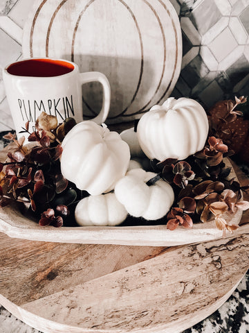 Pumpkin decor in a dough bowl for fall decor ideas