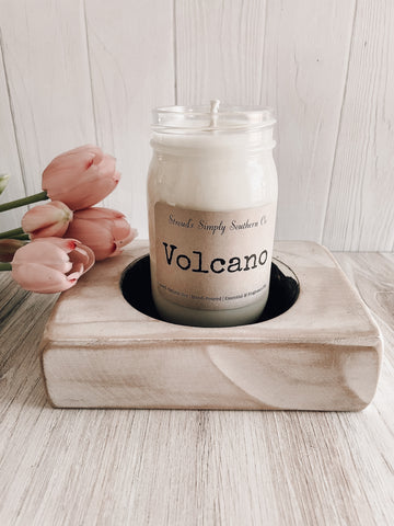 Vintage mason jar candle in a wood candle holder for candle decor