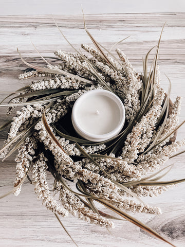 White candle in a Fall dough bowl centerpiece 