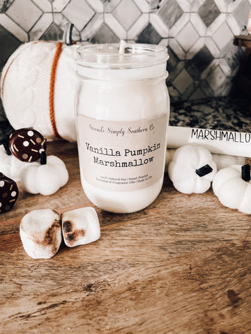 Vanilla pumpkin marshmallow fall scent in a mason jar fall candle