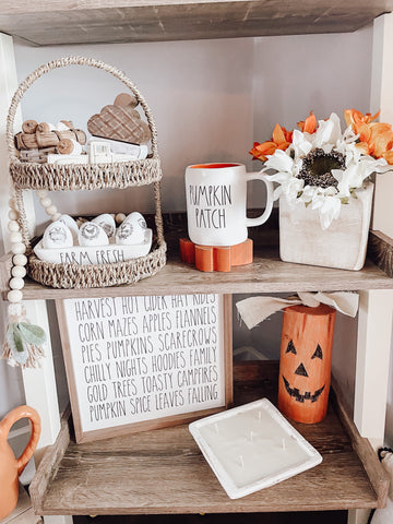 Fall styled shelves with Halloween decor