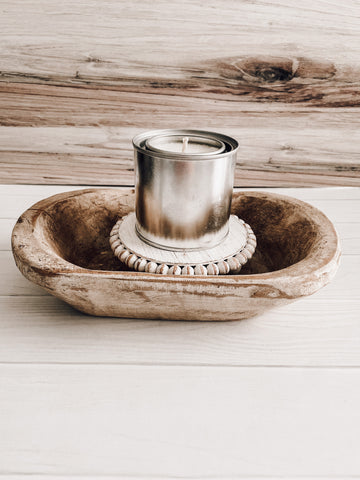 Dough bowl Wood candle holder with a rustic paint can soy candle 