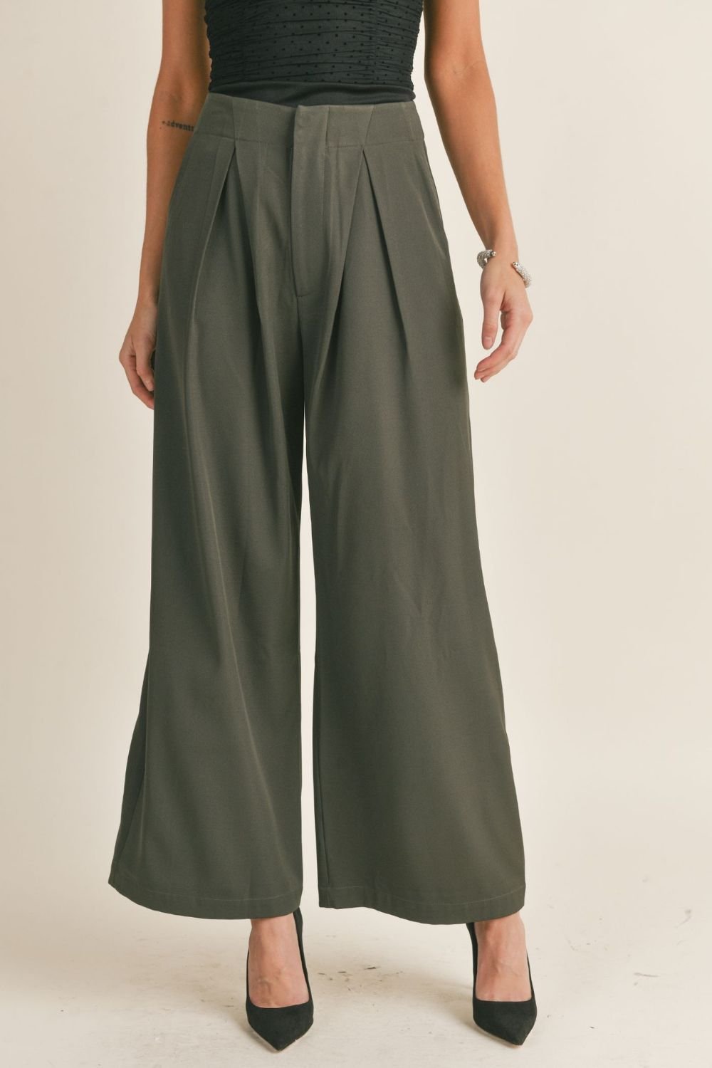 Baxter Wide Leg Pleated Pants - Spanish Olive