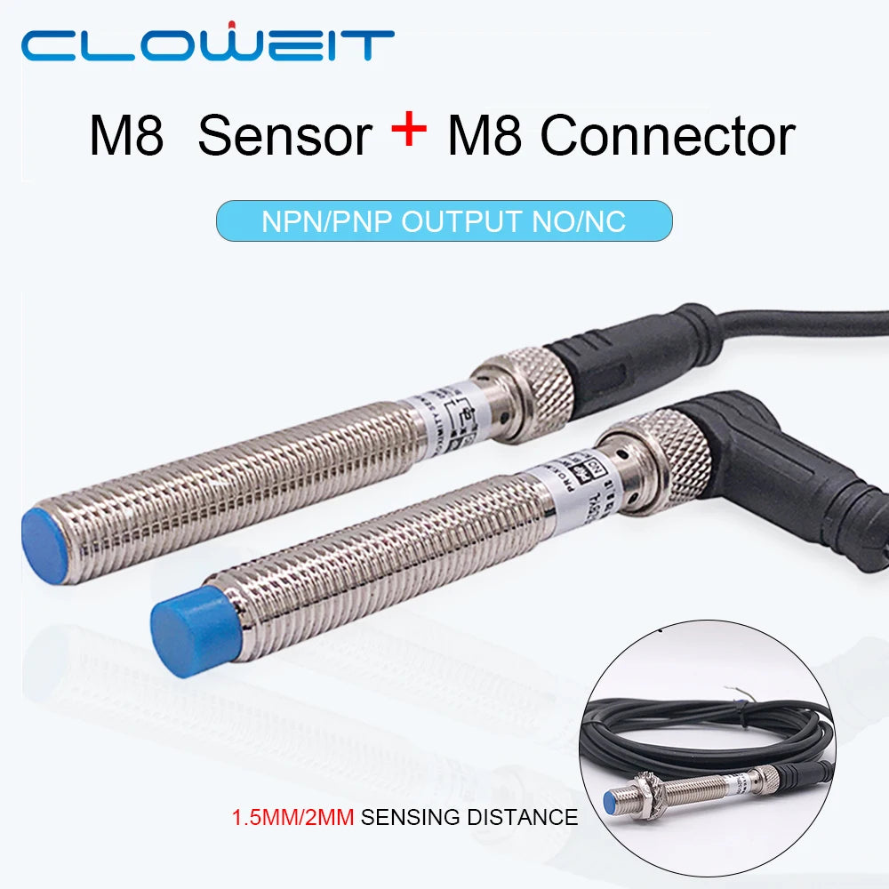 IP65 M8 Inductive Proximity Sensor Cylindrical Metal Approach 3pin Connectior 2m PVC Cable 1.5mm 2mm Detection NPN PNP DC10-30V