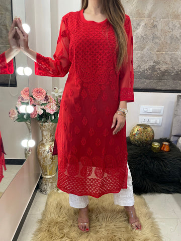Suman Creations Lucknowi Chikankari Red Georgette Kurti (M) : Amazon.in:  Fashion