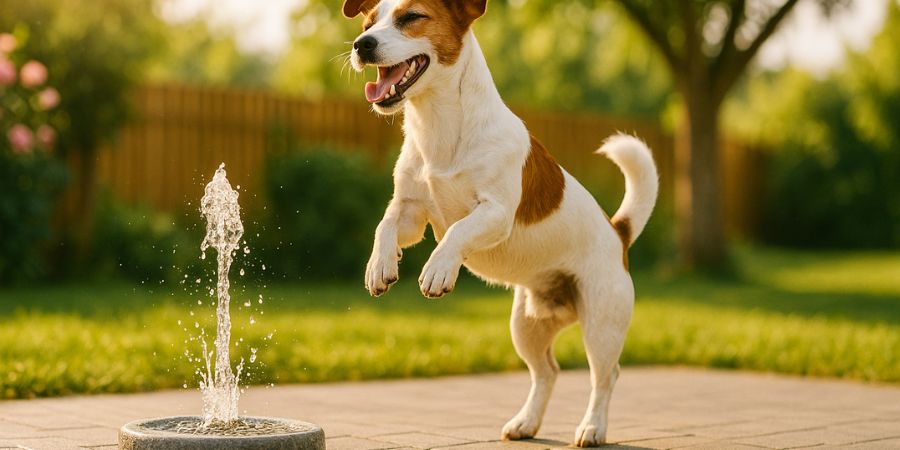 Glücklicher Hund nach Trinken – Ergebnis guter Hydration.