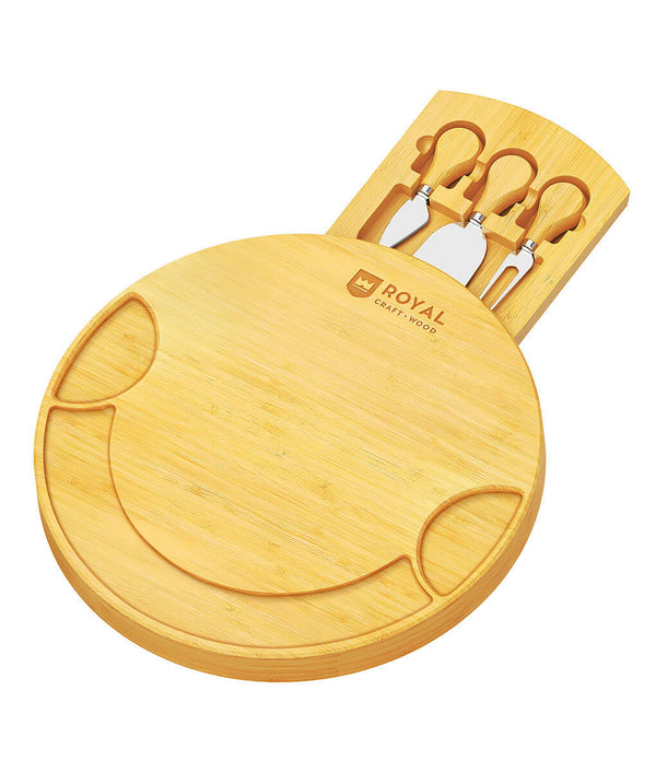 Vintorio Round Wooden Cheese Board with Handle and Cheese Knives