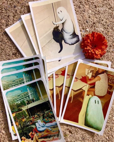 three different ghost paintings, available as stickers. a ghost and a black cat, a ghost working at a desk with a young girl, and a ghost lounging by the pool with other people. 
