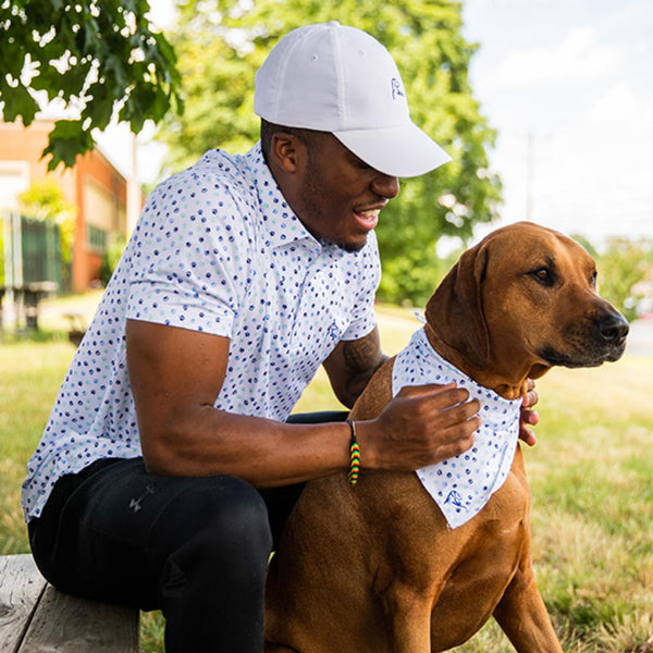 Rhoback - white polo picture with dog