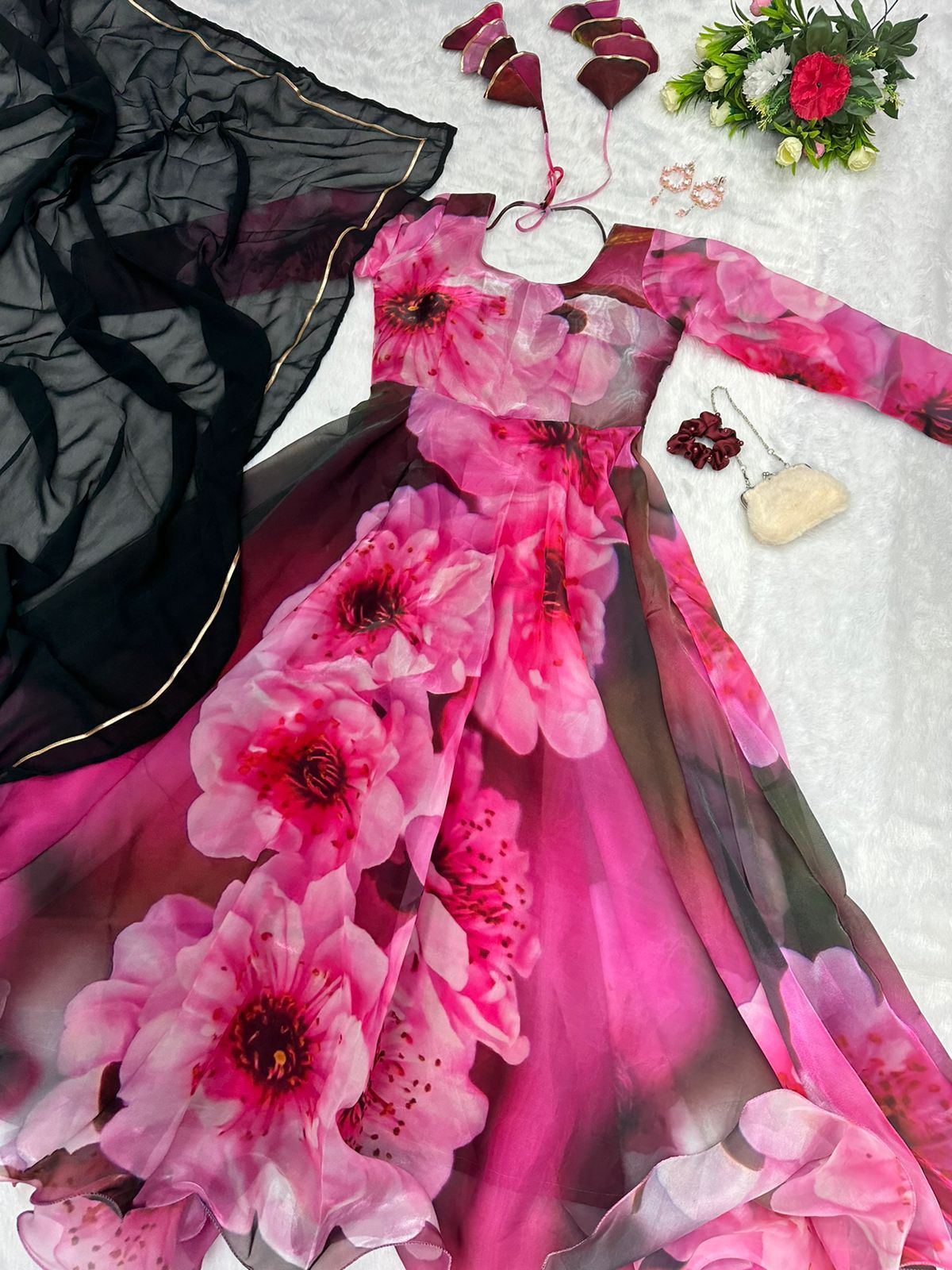 Captivating Pink Color Digital Print Organza Gown