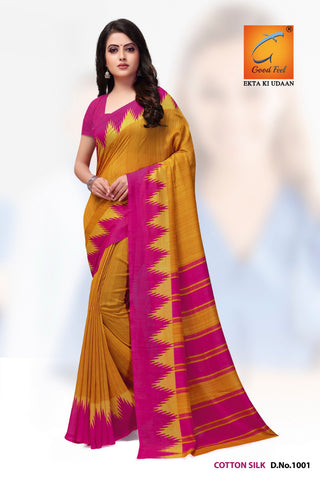 Online Shopping of Malgudi Silk Fabric Yellow Colour Uniform Wear Printed  Saree with Blouse - 6769 in India | Vimla Prints