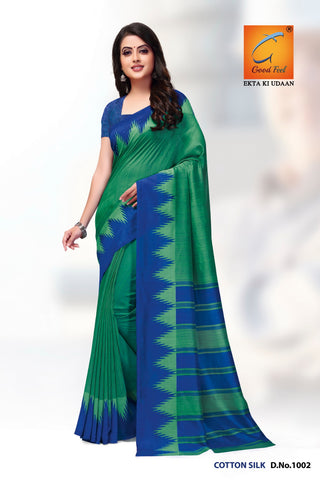 Banarasee Cotton Silk Saree With Antique Zari Buta & Border-Deep Blue