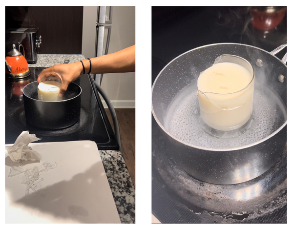 melting candle wax using a pot as a double broiler